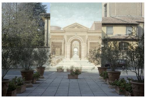 Gigli, Attilio, Cento, Pal. Tavecchi, Cortile con veduta prospettica, trasparenza colore/ pellicola, CC BY-NC-ND