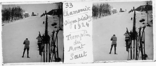 Chautemps, Guy, 33. Chamonix. Olympiades 1924. Tremplin du Mont [Blanc]: saut (Chamonix. Olimpiadi 1924. Tram-polino del Monte Bianco: salto), [inv. 33]., gelatina bromuro d'argento/ vetro, stereoscopia, positivo b/n, CC BY-SA