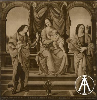 Bruckmann, V.A., Dresda, Gemaelde Galerie, Lorenzo di Credi, La Vergine col Bambino e i santi Giovanni evangelista e Sebastiano, CC BY-SA