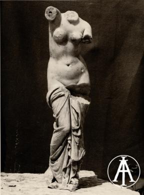 Alba Fucens (AQ), scavi Accademia belgica, statua acefala di Venere tipo Arles, ritrovata nel 1951 (ora a Chieti, Museo Archeologico Nazionale, inv. 4293), gelatina ai sali d'argento, CC BY-SA