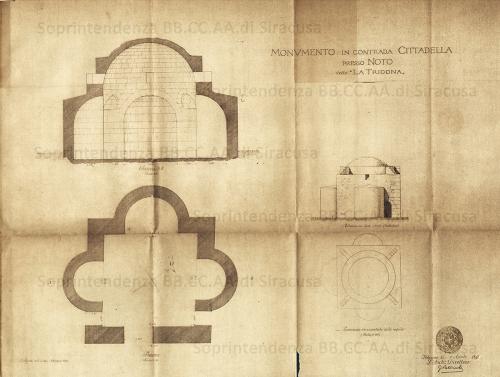 Sebastiano, Arch. Agati (1872-1949), Italia, Sicilia, Noto (SR) – Monumento in contrada Cittadella presso Noto, detto “La Trigona”. Rilevò e disegnò Sebastiano Agati nell’ottobre del 1893. La rappresentazione grafica, in un’unica tavola, è datata 1 aprile 1897, è composta dalla pianta del Monumento scala 1:50, dalla proiezione orizzontale della cupola scala 1:100, dell’elevazione vista da sud – ovest scala 1:100, dalla sezione A-B scala 1:50 e dalla proiezione orizzontale della cupola scala 1:100. Autografata dall’Architetto Giuseppe Patricolo membro della Commissione Conservatrice dei Monumenti ed oggetti d’Arte e d’Antichità per la provincia di Palermo dal 1876 al 1905 e Direttore dell’Ufficio Regionale per la Conservazione dei Monumenti della Sicilia dal 1891 al 1904. Timbro a inchiostro dell’Ufficio Regionale per la Conservazione dei Monumenti della Sicilia. L’Architetto Sebastiano Agati che rilevò e disegnò il Monumento detto “La Trigona” fu nominato dal 1905 al 1909 membro dell’Ufficio Regionale per la Conservazione dei Monumenti della Sicilia con sede a Palermo con l’incarico di disegnatore; tra il 1902 e il 1949, svolse la sua opera di Architetto, Storico dell’arte, Funzionario tecnico e Ispettore Onorario a Siracusa. Collocazione Archivio Storico Documenti Div. II Siracusa - Noto Faldone 75 , file JPEG, 01/04/1897, Materia: carta Tecnica: disegno a inchiostro mm 530 x 660, CC BY-NC-ND