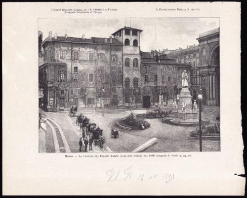 Giulio Rossi, Milano, "la facciata di Palazzo Marino (lato sud) com'era nel 1889", 1889 circa, fotoincisione, inv. RLB 1519, CC BY-SA