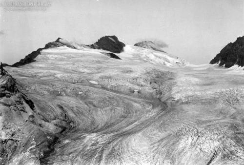 Corti, Alfredo, Sasso d'Entova, 3329 m, Pizzo Malenco, 3438 m, Pizzo delle Tre Mogge, 3441 m, Passo Scerscen, 3122 m, e Vedretta di Scersen inferiore dai pressi del Rifugio Marinelli, Gelatina ai sali d'argento su carta, CC BY-SA
