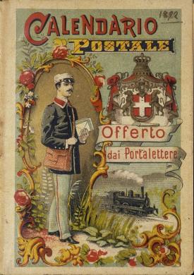 1892. Per la prima volta il portalettere si presenta, in tutta la sua persona e la sua composta eleganza. I motivi decorativi che lo attorniano, in divisa d’ordinanza e con i baffetti, contribuiscono a dare un particolare risalto alla sua figura. Sullo sfondo si può notare l’immagine ricorrente di una locomotiva a vapore, a segnare la velocità del trasporto della corrispondenza, CC BY-NC-ND