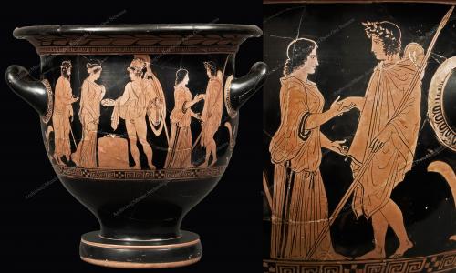 Archivio fotografico Museo archeologico reg. Paolo Orsi SR - Gallitto G., Cratere a figure rosse - da Camarina - 450-425 a.C. Il cratere attribuito al Pittore del Dinos, evoca il legame amoroso . Il giovane eroe Oinos saluta con tenerezza la fanciulla Choiros, fotografia still life digitale, CC BY-NC-ND