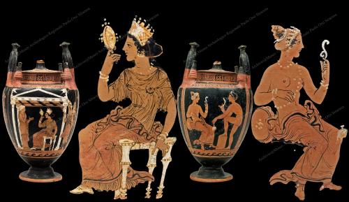 Archivio fotografico Museo archeologico reg. Paolo Orsi SR - Gallitto G., Lebes Gamikos - da una tomba di Lentini (SR) - IV sec. a.C.  Questo tipo di vaso era usato nelle cerimonie nuziali, come metafora del passaggio dalla vita nubile a quella di donna sposata. Posto in una tomba, alludeva al passaggio dallo stato mortale a quello ultraterreno. Nelle scene, all'interno del tempietto siede Persefone, figlia di Demetra. Il tempietto simboleggia il Palazzo di Hades, dio degli inferi. L'altra figura femminile è la dea Ecate che guida le anime del regno dei morti con una torcia. I colori giallo e bianco, in aggiunta al rosso sul nero aumentano il valore disegnato dello schema ed erano tipici della produzione siceliota del IV sec. a.C., fotografia Still life digitale, CC BY-NC-ND