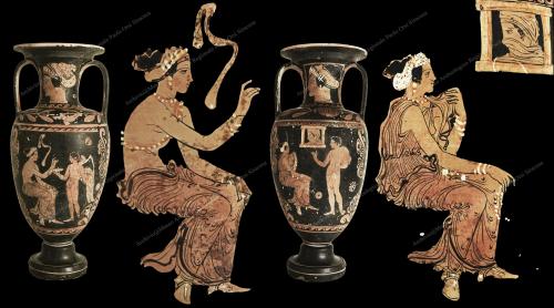 Archivio fotografico Museo archeologico reg. Paolo Orsi SR - Gallitto G., Anfora da Monte Casale di San Basilio- Pittore di Lentini- metà IV sec. a.C. Il contesto al quale appartengono entrambe le scene è senza dubbio erotico, ma esse hanno anche una connotazione religiosa forte, legata ai culti di Afrodite e Adone, che potrebbero essere interpretati, qui, in chiave di lettura teatrale. Il riferimento al defunto con corporatura muscolosa rimanda allo stile campano, con adesione agli ideali dell'atletismo, come per la forma dell'anfora, unica nella produzione del Pittore di Lentini., fotografia still life digitale, CC BY-NC-ND