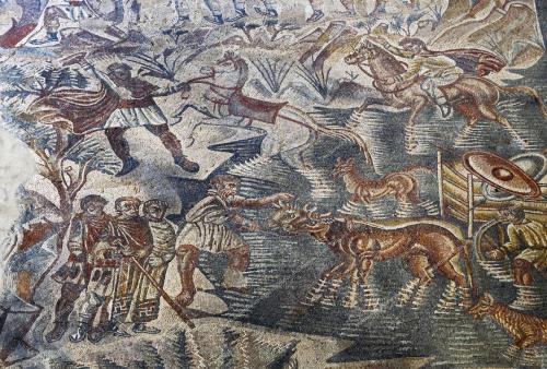 Archivio fotografico Museo archeologico regionale Paolo Orsi, particolare dei mosaici sulla pavimentazione di uno dei tre ambienti della villa romana, fotografia digitale, CC BY-NC-ND
