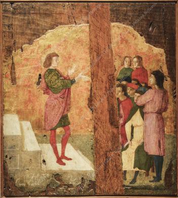 Archivio fotografico Galleria Reg. di Palazzo Bellomo (foto Gallitto G.), Predica di santo cavaliere, seconda metà del XV secolo, pittore ignoto vicino a Lazzaro Bastiani, Ripresa in interni, CC BY-NC-ND