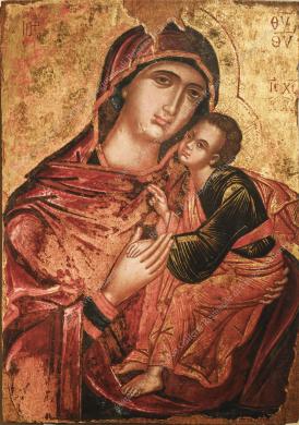 Archivio fotografico Galleria Reg. di Palazzo Bellomo (foto Gallitto G.), Madonna con bambino, Glicophilousa, tempera su tavola, sec. XVI, pittore ignoto cretese-veneziano, riprende il tema iconografico di tradizione bizantina della “Madonna Odigitria”, con uno sguardo più dolce e umano, Ripresa in interni, CC BY-NC-ND