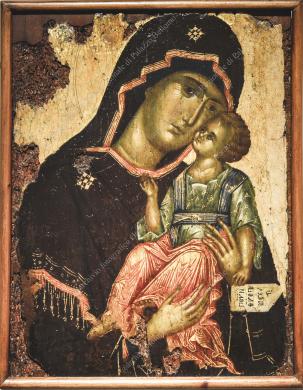 Archivio fotografico Galleria Reg. di Palazzo Bellomo (foto Gallitto G.), Madonna con bambino, Glicophilousa, tempera su tavola, sec. XVI, pittore ignoto da Siracusa, Ripresa in interni, CC BY-NC-ND