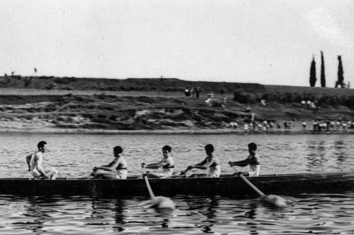 Anonimo, Canottieri Limite n allenamento nel fiume Arno davanti a Limite sull'Arno (si riconosce, al timone, Berti Renato), 1952 circa, Digitalizzata da stampa., CC BY-SA